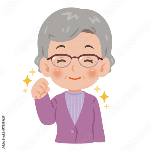 元気で笑顔なシニア女性　上半身イラスト／Upper Body Illustration of Energetic Smiling Senior Woman with Bent Arm Fist Pump