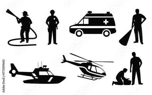 Emergency Responders Vehicles and Personnel Silhouettes vector