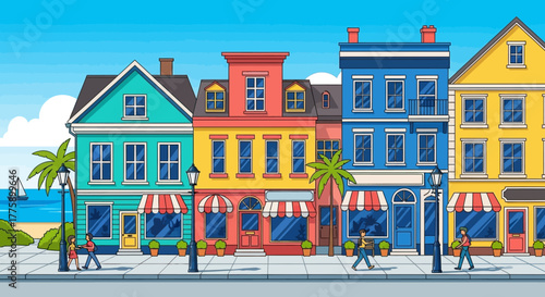 Vibrant coastal town street scene with colorful shops and charming architecture. Pedestrians stroll along the sidewalk, enjoying the lively urban environment with distant ocean views