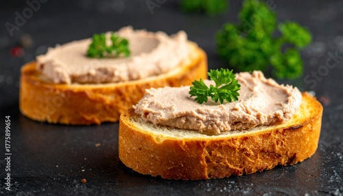 Fototapeta Naklejka Na Ścianę i Meble -  Close-up of toasted bread slices with smooth pate and decorative sprigs of green parsley