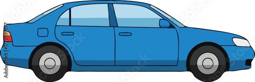 A blue sedan car is depicted in a cartoon style, viewed from the side.