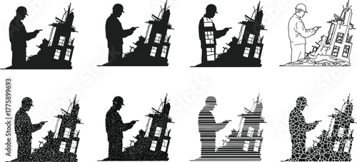 Silhouette vector illustration of construction workers inspecting collapsed building, assessing damage, reading blueprints, disaster recovery, safety, demolition, repair, rebuilding, and industry