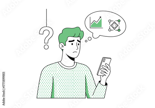 Confused man holding phone contemplating data charts and question mark overhead - Flat Vector Illustration. Colored vector illustration