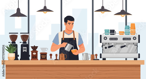 Skilled Barista Pouring Milk in Cafe Coffee Shop Vibe