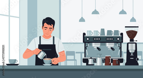Skilled barista expertly crafting a fresh coffee, pouring steamed milk into a cup at a modern cafe counter. Espresso machine and grinder visible, highlighting the art of beverage making
