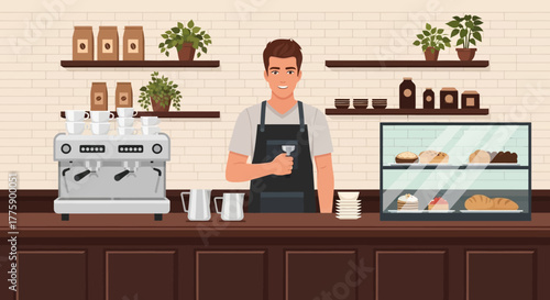 A cheerful barista stands behind a coffee shop counter, ready to serve delicious pastries and freshly brewed coffee