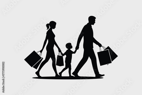 Family silhouette walking with shopping bags vector