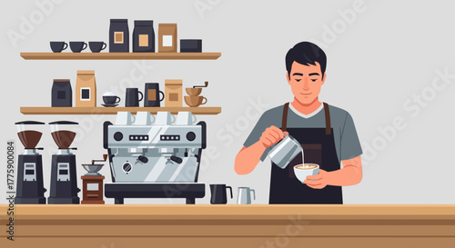 Professional barista pouring milk into a coffee cup at a modern cafe counter. Espresso machine, grinders, and coffee bags visible, illustrating skilled beverage preparation