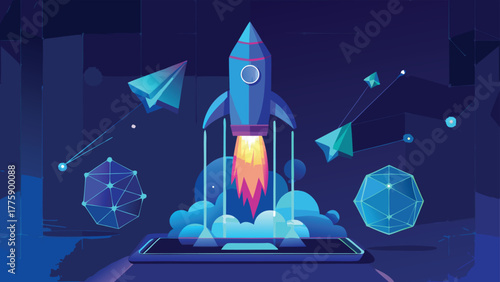 A rocket soaring through space against a vibrant blue background, symbolizing exploration and adventure..eps