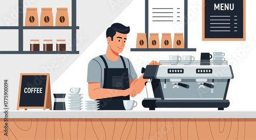 Professional Barista Preparing Coffee at a Café with a Commercial Espresso Machine
