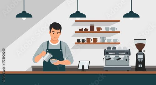 Professional male barista in an apron skillfully pouring steamed milk to create latte art in a modern cafe