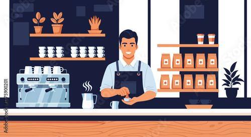 Male barista expertly crafting coffee behind a modern cafe counter with an espresso machine, reflecting a professional and inviting coffee shop