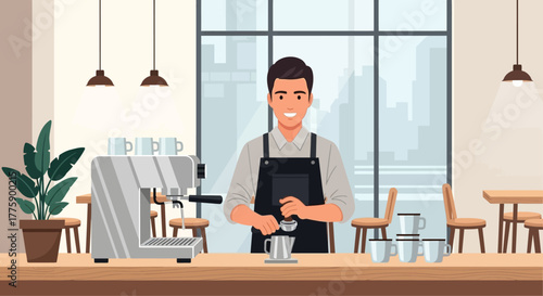 Happy young barista crafting a perfect cup of coffee at the counter. The art of coffee making and passionate service in a local cafe