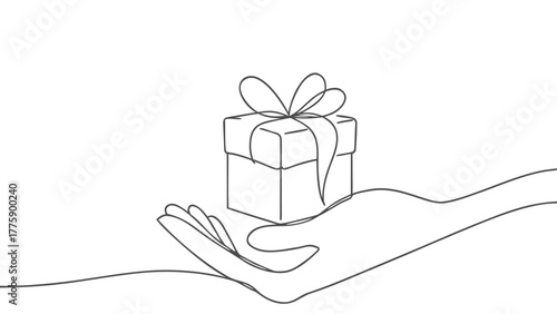 A minimalist line drawing depicting a hand holding a beautifully wrapped gift, representing the spirit of giving..eps