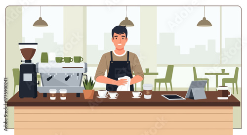 Friendly male barista in an apron standing behind the counter of a modern coffee shop, preparing to make fresh coffee drinks
