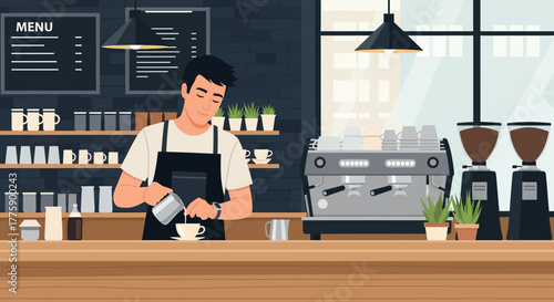 Barista preparing a latte at a coffee shop counter, serving customers with expertly crafted beverages