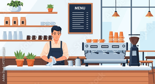 Friendly male barista wiping a clean counter in a bustling, modern coffee shop, diligently preparing for customers with the inviting aroma of fresh coffee in the air