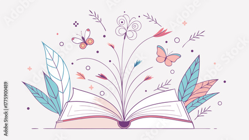 Open book surrounded by colorful flowers and butterflies in a vibrant vector illustration..eps