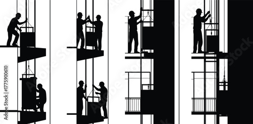 Silhouette vector illustration of construction workers installing elevator system inside building shaft, guiding equipment, teamwork, safety, engineering, repair, maintenance, and industry