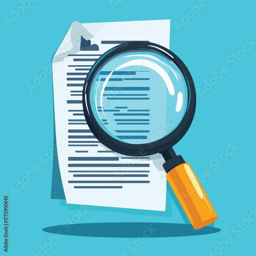 Detailed examination of important documentation using a magnifying glass   , vector style simple color