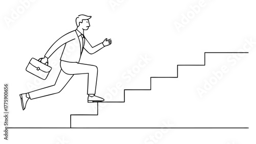One-line drawing of a businessman ascending stairs, symbolizing progress and ambition in a professional context..eps