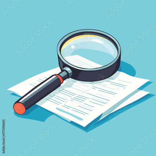 Detailed examination of important documentation using a magnifying glass   , vector style simple color