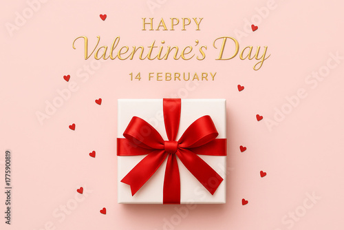 A simple and elegant composition for a romantic celebration, featuring a white gift box with a red satin bow on a pink background with hearts