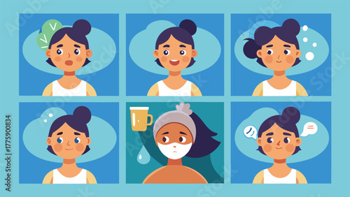 woman experiments with multiple facial masks, highlighting diverse skincare routines and textures..eps