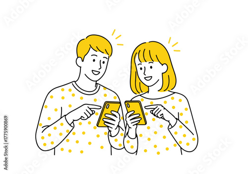 Couple points to split mobile phones expressing confusion and disappointment - Flat Vector Illustration. Colored vector illustration