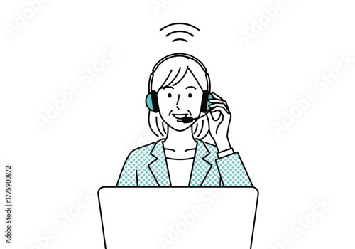 Smiling customer service representative with headset and laptop ready to assist - Flat Vector Illustration. Colored vector illustration
