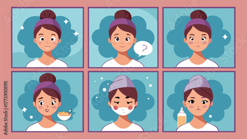 A woman applies various facial masks, showcasing different skincare treatments on her face..eps