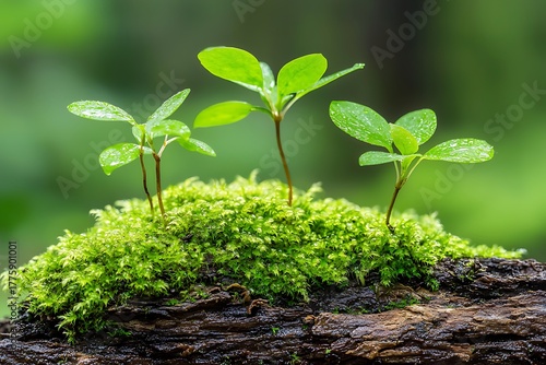 Fresh Green Sprouts Growing on Mossy Log in Enchanted Forest Setting with Dew Drops