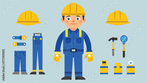 cheerful cartoon man in blue overalls and a hard hat, ready for work..eps