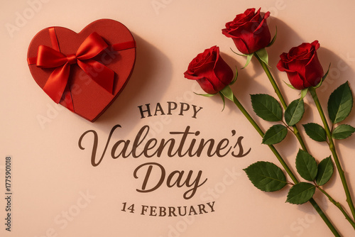 An elegant Valentine's Day composition featuring a heart-shaped gift box with a red ribbon and three beautiful red roses on a pink background