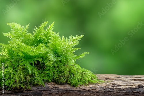 Lush Green Ferns Growing on a Natural Wood Log Against a Blurred Green Background