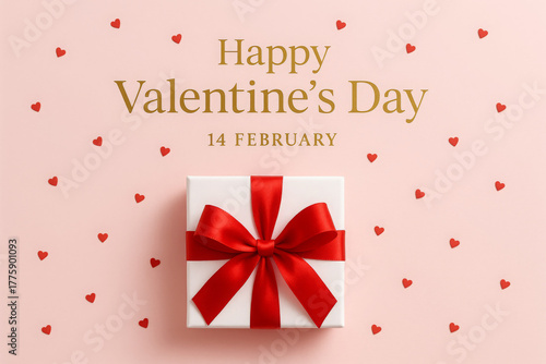 Top view of a Valentine's Day gift box with a red satin ribbon on a pink background with heart confetti and celebratory gold typography