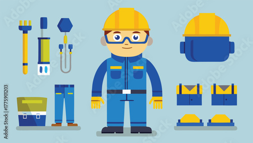 Cartoon man wearing blue overalls and a hard hat, smiling and standing confidently..eps