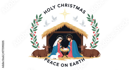 A gentle Christmas nativity scene with Mary, Joseph, baby Jesus, animals, and doves, surrounded by festive greenery.