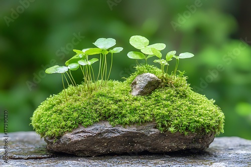 Green Mossy Stone with Small Plants Growing on It in a Lush Natural Environment
