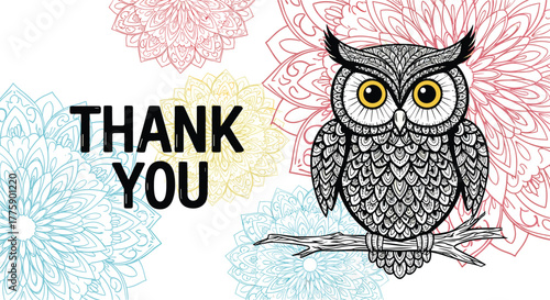 Thank you message with a detailed owl illustration on a floral background.