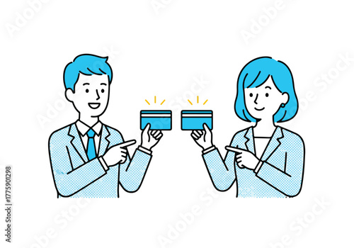 Business professionals showcasing credit cards for financial transactions and payments - Flat Vector Illustration. Colored vector illustration