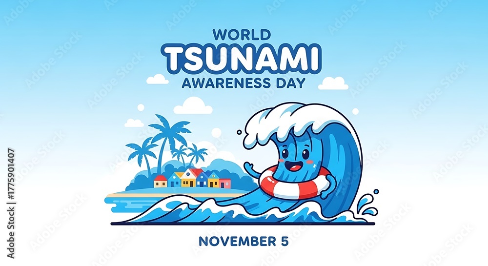 Naklejka premium Vector illustration of a cute cartoon tsunami wave character with a life preserver for an awareness campaign