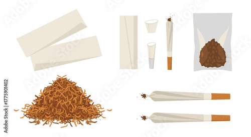 Illustration of loose tobacco, rolling papers, filters, and hand-rolled cigarettes.