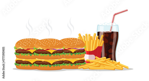 Stack of delicious hamburgers and french fries with a cola drink and straw.