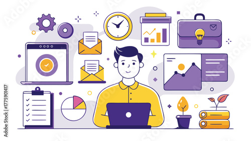 Illustration set depicting various time management concepts, including clocks, calendars, and productivity tools..eps