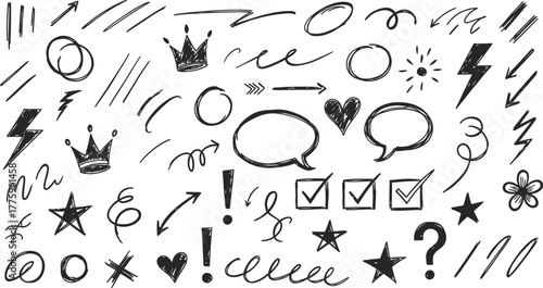Hand Drawn Doodles Icon Set Arrow, Crown, Heart, Question Mark, Star on White