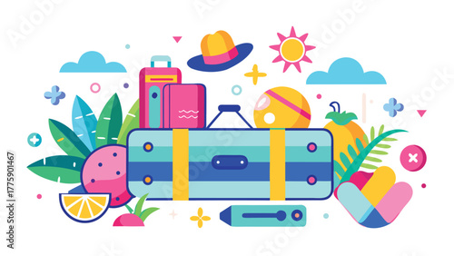 Colorful summer vacation clipart featuring beach elements like sun, palm trees, and surfboards..eps