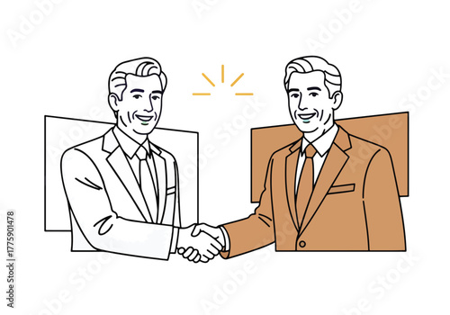 Two businessmen in suits shaking hands in a professional meeting business agreement successful partnership - Flat Vector Illustration. Colored vector illustration