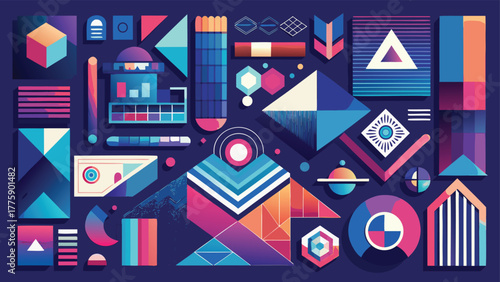 A display of posters showcasing a variety of colors and geometric shapes, creating an engaging visual experience..eps
