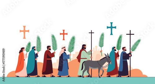 Illustration of Jesus' triumphal entry into Jerusalem on a donkey with followers carrying palm branches.
